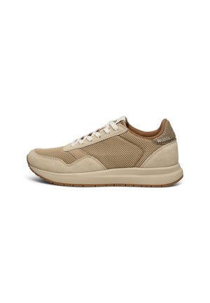 Beige athletic shoes made of mesh and suede, featuring a lightweight sole, round toe, laces, and a brown accent at the heel.