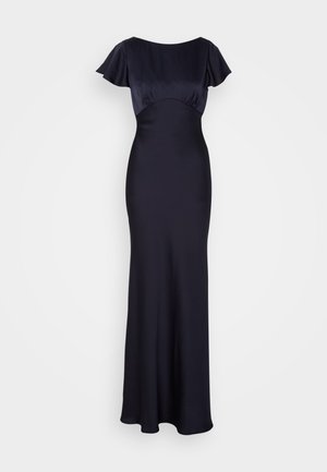 Długa, granatowa sukienka wykonana z gładkiego materiału, z krótkimi falbaniastymi rękawami, dopasowanym gorsetem i zwiewną spódnicą, z okrągłym dekoltem.