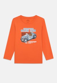 Long-sleeve orange t-shirt made from cotton with a graphic of a vintage race car, featuring the text "Champion Race Car" and checkered pattern.