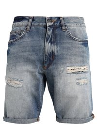 Denim shorts in light blue with a faded finish, featuring distressed areas and rolled hem. Classic five-pocket design with metal button.