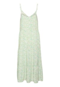 Jasnozielona i biała, kwiatowa, bezrękawnikowa sukienka midi z cienkimi regulowanymi ramiączkami i lekko falbanistym dołem.