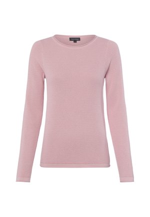 Hellrosa langärmeliger Strickpullover mit rundem Ausschnitt und strukturiertem Muster, auf weißem Hintergrund dargestellt.