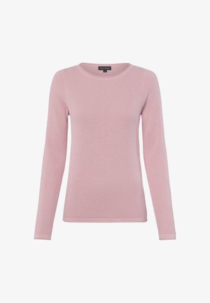 Hellrosa langärmeliger Strickpullover mit rundem Ausschnitt und strukturiertem Muster, auf weißem Hintergrund dargestellt.
