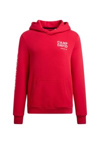 Red hooded sweatshirt with front pocket, "CAMP DAVID ORIGINAL TM" text on chest, and additional white text on left sleeve.