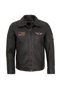 Black leather motorcycle jacket with front zipper, side zip pockets, and aviation-themed patches on chest and upper arm.
