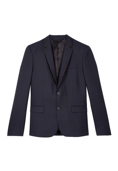Blazer blu navy realizzato in tessuto texturizzato, dotato di due bottoni, rever a punta e due tasche frontali con una tasca sul petto.