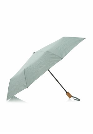 Jasnozielony parasol z gładkim materiałowym daszkiem, czarną metalową ramą i drewnianym uchwytem. Posiada kompaktowy design ułatwiający przenoszenie.