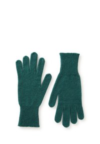 Tyrkysové pletené rukavice s vroubkovanými manžetami, s pěti prsty a hladkou texturou, navržené pro teplo a pohodlí.