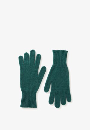 Guanti lavorati a maglia color teal con polsini a costine, dotati di cinque dita e una texture liscia, progettati per offrire calore e comfort.