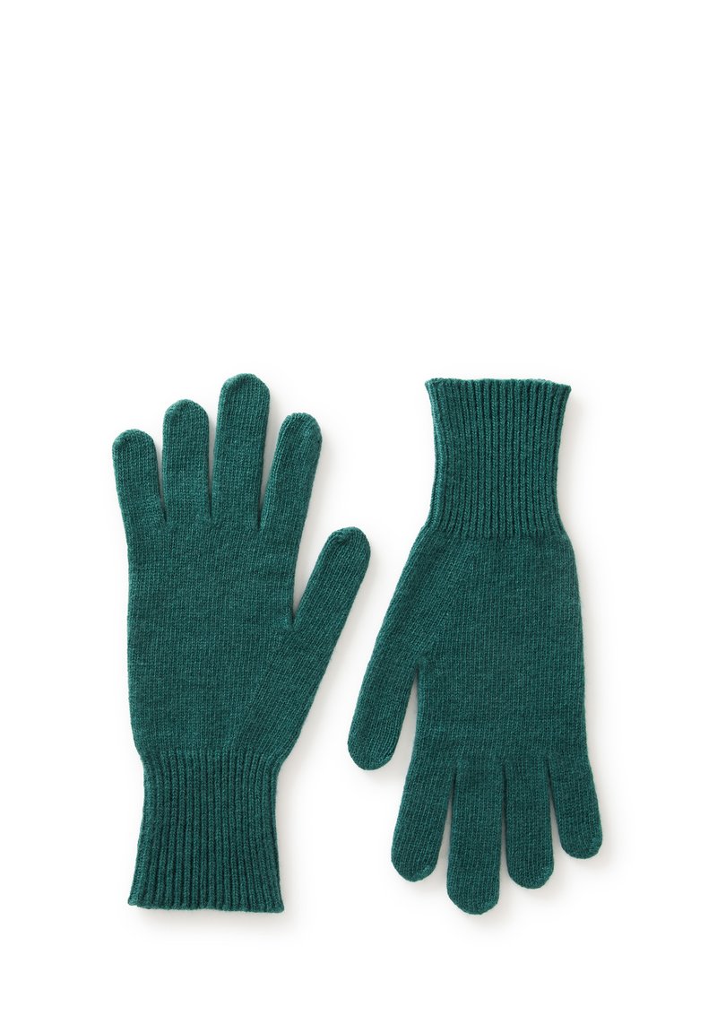 Tyrkysové pletené rukavice s vroubkovanými manžetami, s pěti prsty a hladkou texturou, navržené pro teplo a pohodlí.