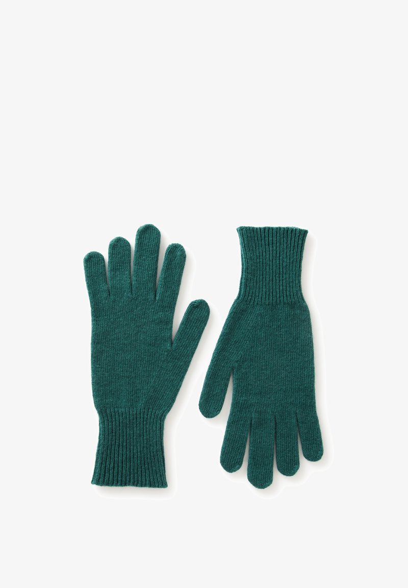 Teal gebreide handschoenen met ribbelmanchetten, met vijf vingers en een gladde textuur, ontworpen voor warmte en comfort.