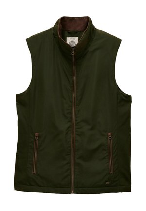 Dunkelgrüne ärmellose Weste mit Reißverschluss vorne, zwei Reißverschlusstaschen und einem hohen Kragen mit braunem Innenfutter.