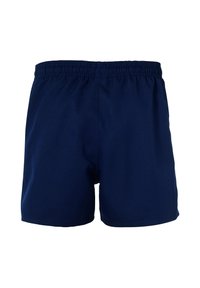 Marineblauwe zwemshorts van lichtgewicht stof, met een elastische tailleband, eenvoudig ontwerp en zonder zakken of versieringen.