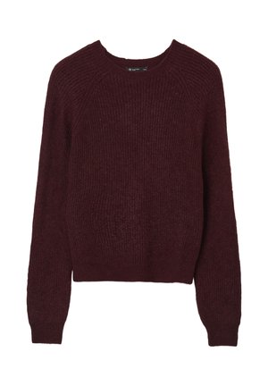 Bordeaux gestrickter Pullover mit Rundhalsausschnitt, langen Raglanärmeln und einem leicht cropped Saum. Strukturierter Stoff mit lockerer Webart.