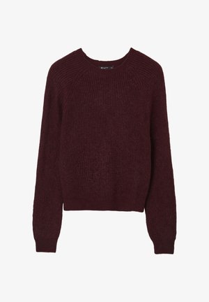 Maglione a maglia bordeaux con scollatura a girocollo, maniche lunghe a raglan e orlo leggermente corto. Tessuto testurizzato con una trama larga.