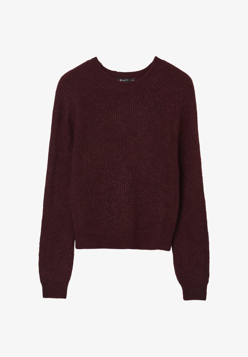 Bordeaux gestrickter Pullover mit Rundhalsausschnitt, langen Raglanärmeln und einem leicht cropped Saum. Strukturierter Stoff mit lockerer Webart.