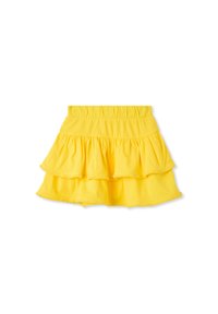 Gonna gialla a strati realizzata in cotone morbido, caratterizzata da tre strati arricciati e una vita elastica. Design semplice senza ulteriori motivi.