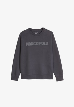 Ciemnoszara bluza Marc O'Polo z okrągłym dekoltem, długimi rękawami i prążkowanymi mankietami, dołem i kołnierzem, z nazwą marki w literach konturowych na przodzie.
