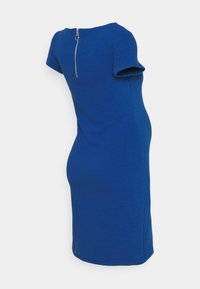 Blå tajt klänning med korta ärmar och dragkedja i ryggen. Tillverkad av textil med vertikala ränder. Knälång design.