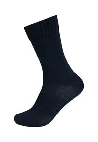 Calzini alla caviglia blu navy realizzati in tessuto liscio, con bordo a coste, tallone rinforzato e una leggera texture sulla parte del piede.