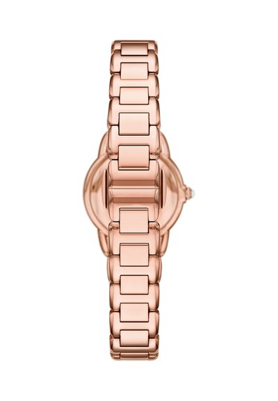 Armbånd med rosegulds metalled med poleret finish, forbundet til bagsiden af et rundt urkasse.