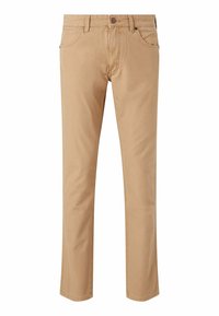 Chinos de algodón beige con un diseño de pierna recta, cinco bolsillos y un cierre de botón metálico. Textura suave con detalles de costura mínimos.