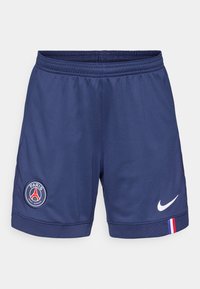 Navy athletic shorts made of breathable fabric, featuring a Paris Saint-Germain logo and a white Nike swoosh on the bottom right.