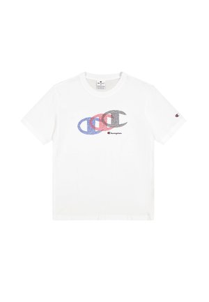 White cotton t-shirt featuring a multicolored graphic of overlapping logos in blue, red, and black. Short sleeves and standard crew neckline.