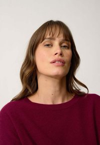 Pull rouge à encolure ronde, avec une texture douce et des manches longues. Présente un mannequin avec des cheveux ondulés et un maquillage naturel sur un fond neutre.