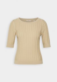 Top de punto acanalado beige con mangas cortas y cuello redondo. Textura suave y diseño ajustado. Ligera elasticidad para mayor comodidad.