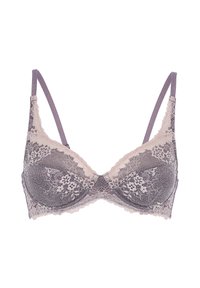 Reggiseno in pizzo con dettagli grigi e rosa tenue, caratterizzato da un motivo floreale, spalline regolabili e un design a scollo profondo.