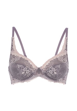 Reggiseno in pizzo con dettagli grigi e rosa tenue, caratterizzato da un motivo floreale, spalline regolabili e un design a scollo profondo.