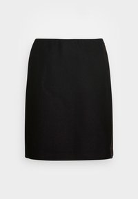 Jupe noire en tissu lisse, présentant une silhouette ajustée, longueur mi-cuisse et une taille élastique pour le confort.