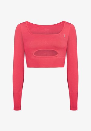 Top cropped a maniche lunghe in tessuto rosa brillante, con scollo quadrato e un dettaglio centrale con taglio a forma di apertura. Tessuto morbido con polsini a coste.