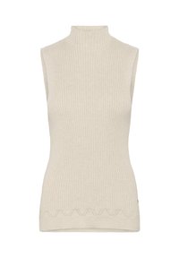 Beige ilma varrukateta koonuskaelusega särk ribatud tekstuuriga, mille serval on zigzag-muster. Omab kehakujulist disaini ja kõrget kaelust.