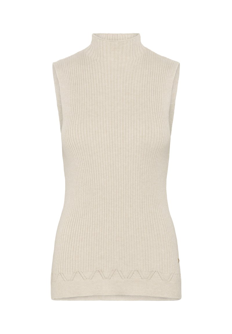 Beige ilma varrukateta koonuskaelusega särk ribatud tekstuuriga, mille serval on zigzag-muster. Omab kehakujulist disaini ja kõrget kaelust.