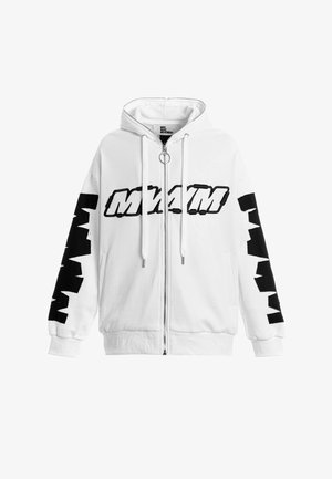 Sudadera blanca con detalles negros en las mangas que presenta un logotipo audaz "MYM". Fabricada con un material suave, cuenta con una cremallera frontal y una capucha ajustable con cordón.