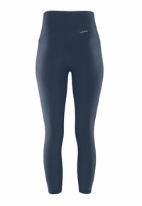 Leggings a vita alta in tessuto blu scuro, texture liscia, design aderente, con un sottile accento del logo sulla vita.