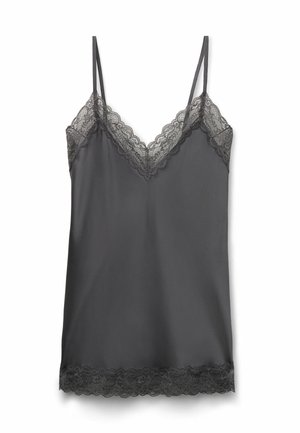 Camisola grigia scura con spalline sottili, caratterizzata da pizzo lungo il collo e l'orlo, realizzata in tessuto morbido e leggero.