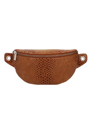 Rudas dirbtinės odos juosmens krepšys su tekstūruotu gyvatės raštu, užtrauktuko uždarymu ir metaliniais antgaliais diržo pritvirtinimui.