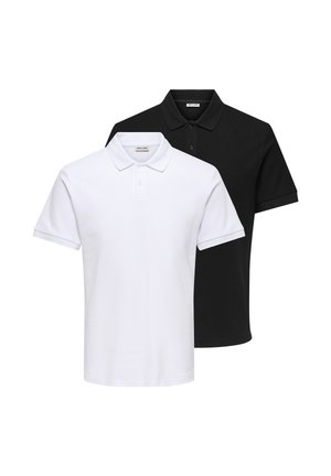 Kortærmede polo shirts i hvid og sort, hver med krave og tre knapper på stolpelukningen.
