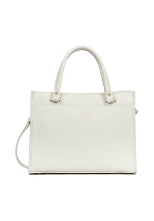 Sac à main en cuir blanc texturé avec deux poignées sur le dessus, ferrures dorées et bandoulière amovible, forme rectangulaire.