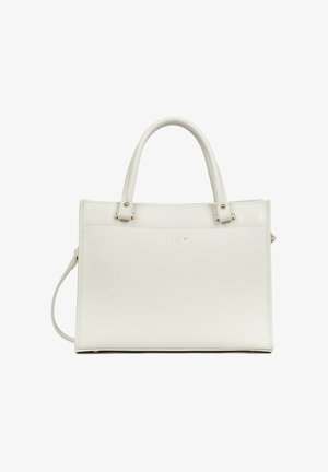 Sac à main en cuir blanc texturé avec deux poignées sur le dessus, ferrures dorées et bandoulière amovible, forme rectangulaire.