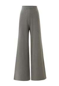 Pantalons larges gris en tissu texturé, avec une taille haute et une silhouette fluide. Coupés à la longueur de la cheville.