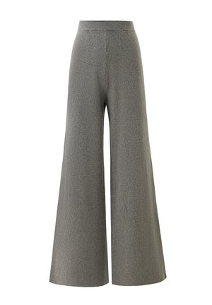 Pantalons larges gris en tissu texturé, avec une taille haute et une silhouette fluide. Coupés à la longueur de la cheville.