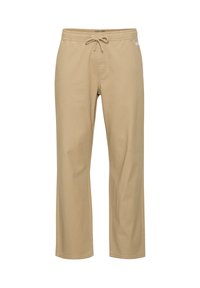 Beige cotton relaxed-fit pants with an elastic waistband and drawstring. Features side pockets and a straight leg cut. No visible patterns.
