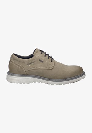 Beige Leder-Schuh mit dunkelgrauen Schnürsenkeln, runder Zehenpartie und strukturiertem Obermaterial. Verfügt über eine Gummisohle mit sichtbarem Profil und Logo-Detail.