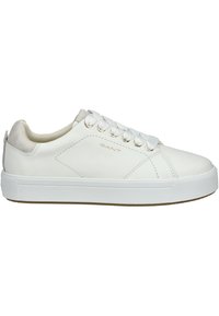 Białe skórzane sneakersy o niskim profilu, zaokrąglonym nosku, płaskich sznurowadłach i złotych oczkach. Posiadają podeszwę z gumy oraz subtelną markę.