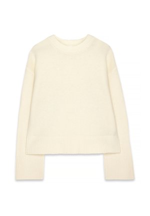 Cream-colored cropped sweater made of knit fabric, featuring a round neck, long sleeves, and ribbed cuffs and hem.