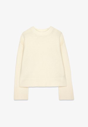 Cremfarbener kurzer Pullover aus Strickstoff, mit Rundhalsausschnitt, langen Ärmeln und gerippten Bündchen und Saum.